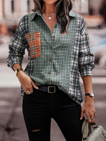 Woochic blouse carreaux couleur bloc avec poches boutonnage col cheminée femme mode Gris S